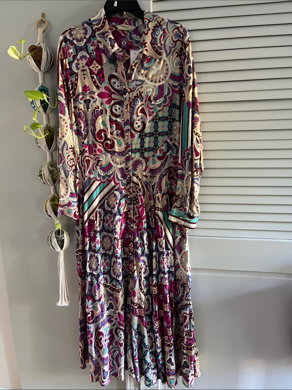 Soft Surroundings Cream Long-Sleeve Printed Maxi Dress with Pink & Teal Pattern